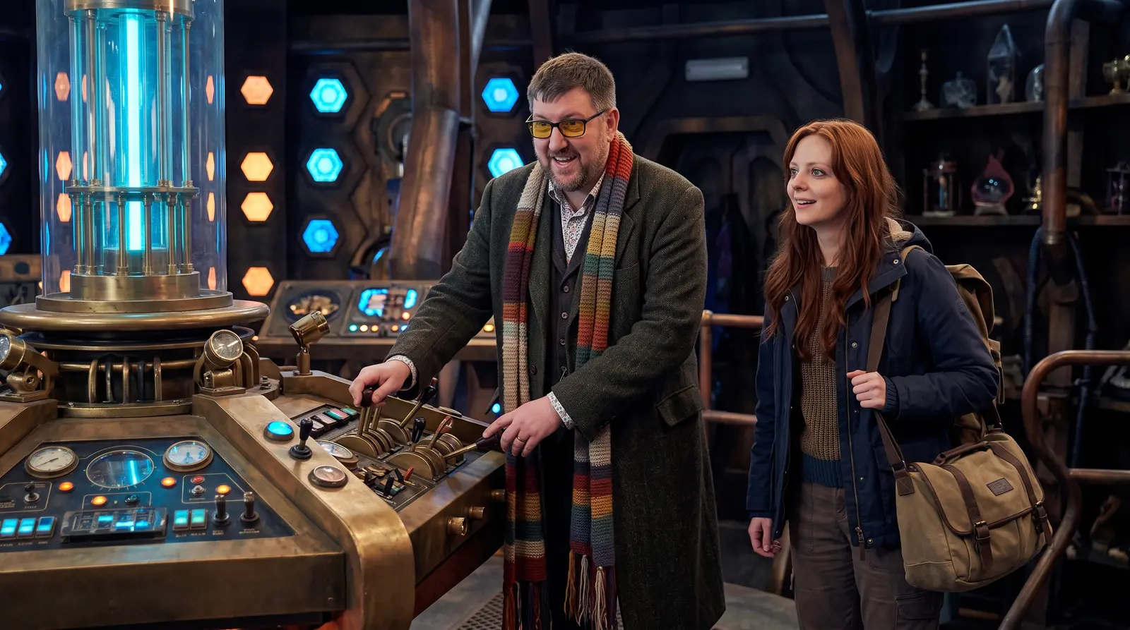 The Doctor and companion, both grinning like the research is already going well.